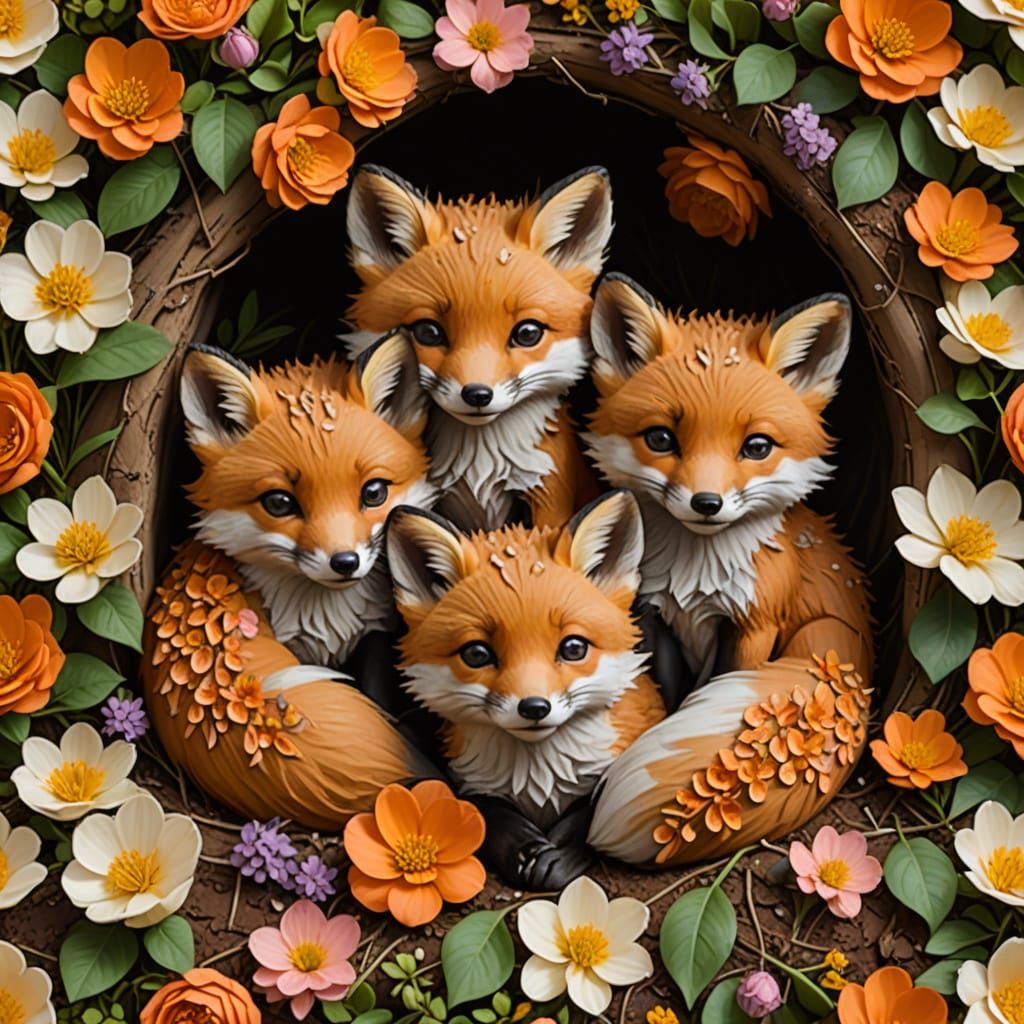 Adorable Fox Kits in Whimsical Mastermaximalist Garden