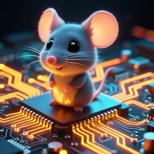 Adorable Chibi Circuit Mouse on Computer Board