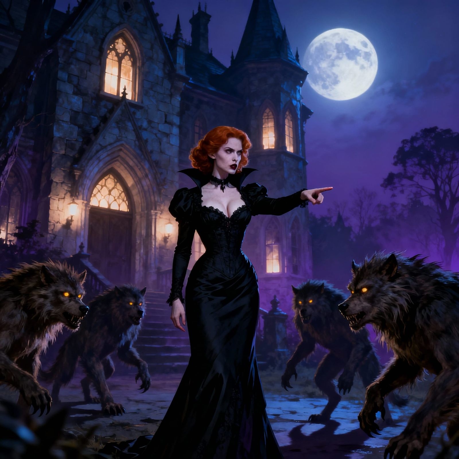 Vampire Confronts Werewolves Outside Gothic Mansion