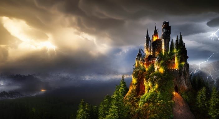 Hyperdetailed Dark Fantasy Castle Thunderstorm in 8K