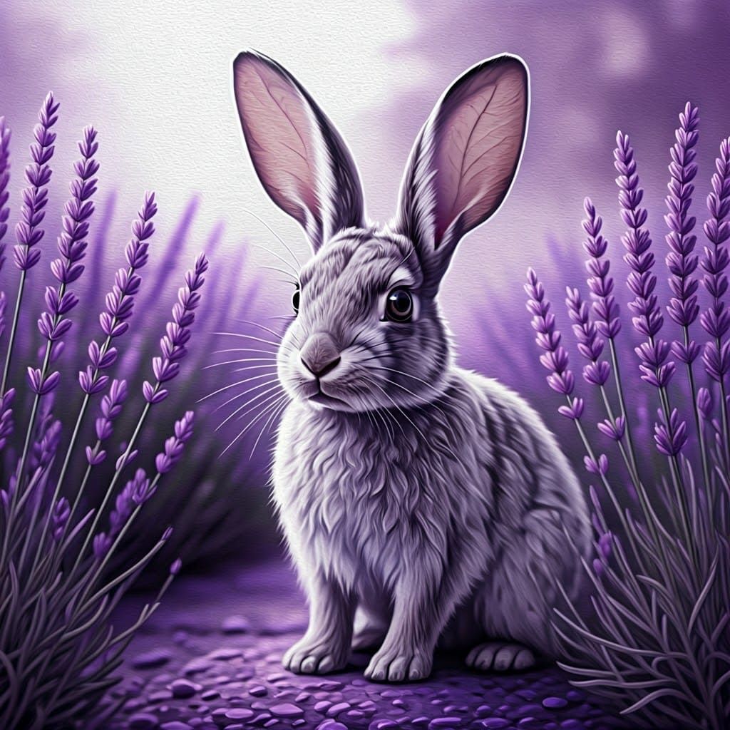Lavender Garden Oil Painting of a Rabbit