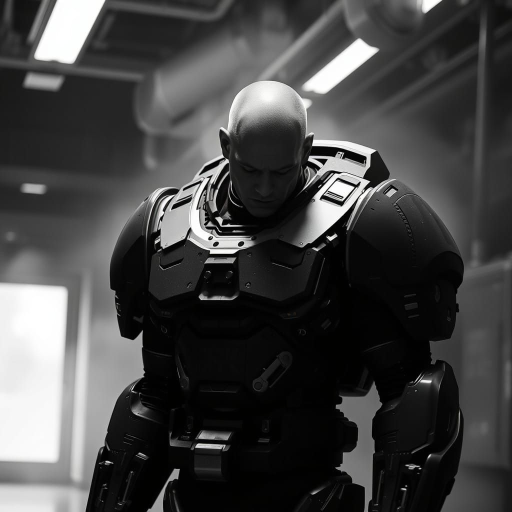 Epic Mecha Warrior in a Hazy Lab