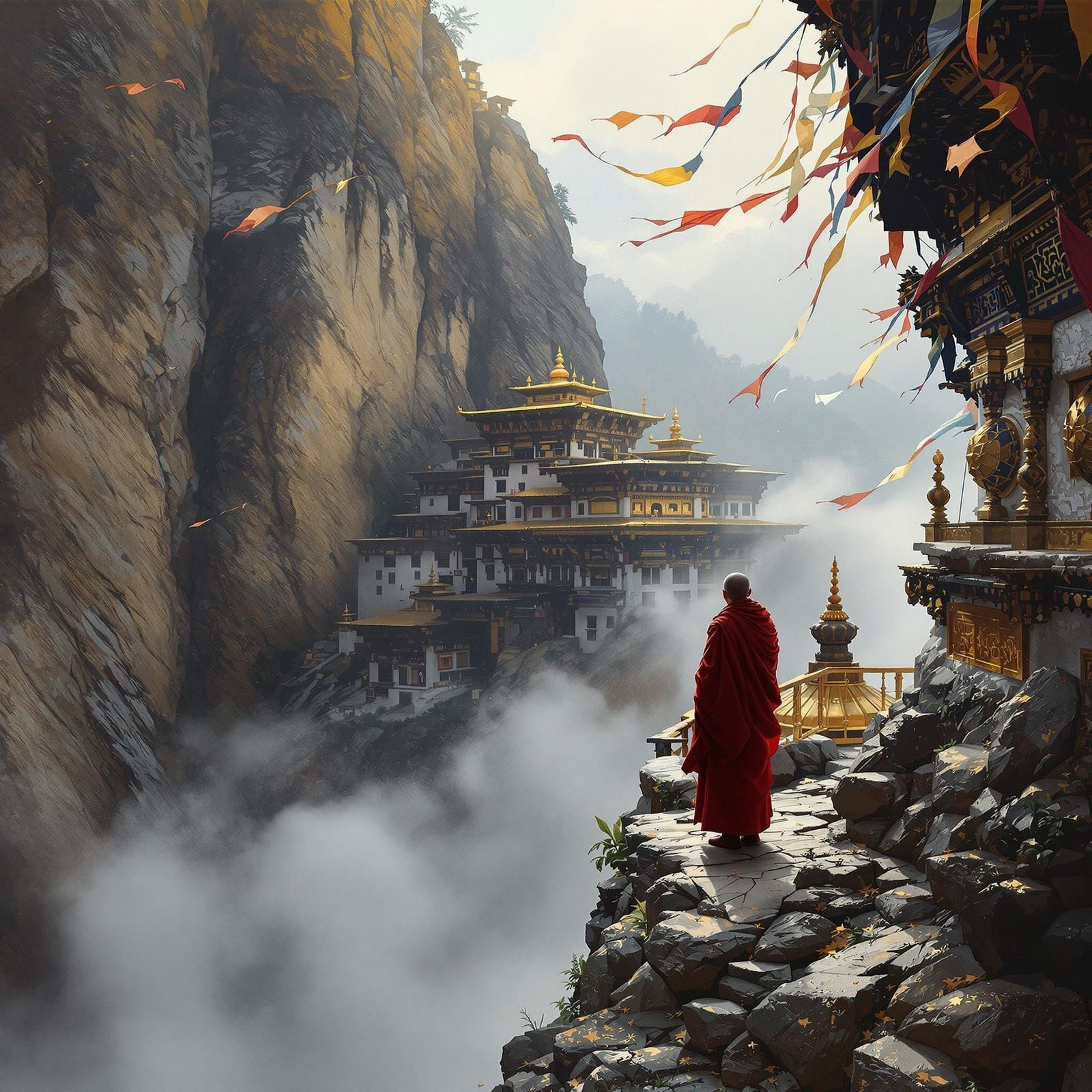 Monk's Vigil at Cliffside Monastery in Mystical Realism