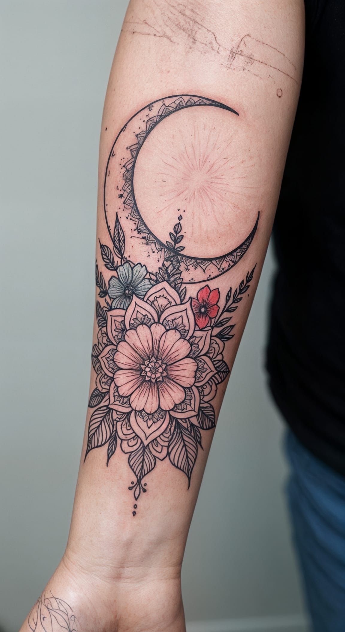 Floral Mandala Tattoo Design in Black Linework