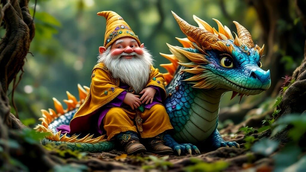 Whimsical Gnome Rides Dragon in Fantasy Realm