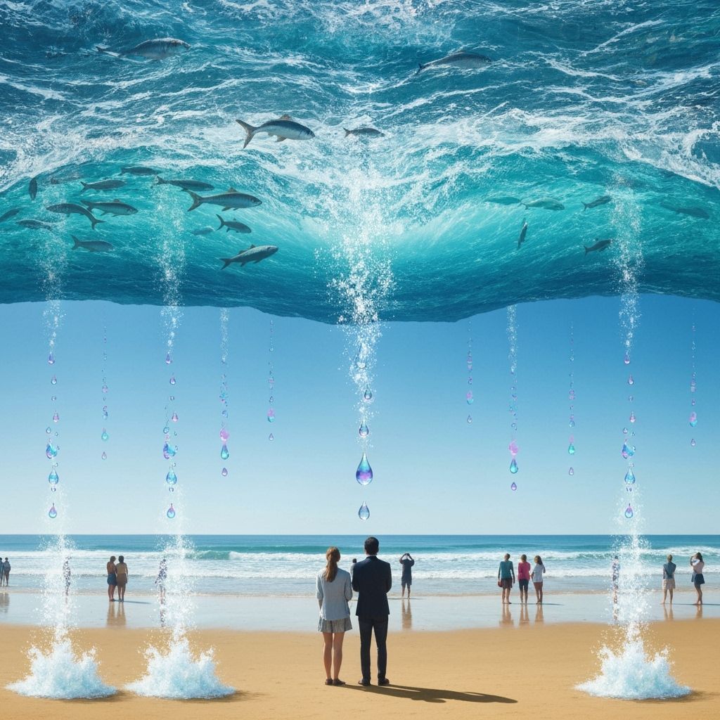 Surreal Sky Ocean With Floating Waves and Fish