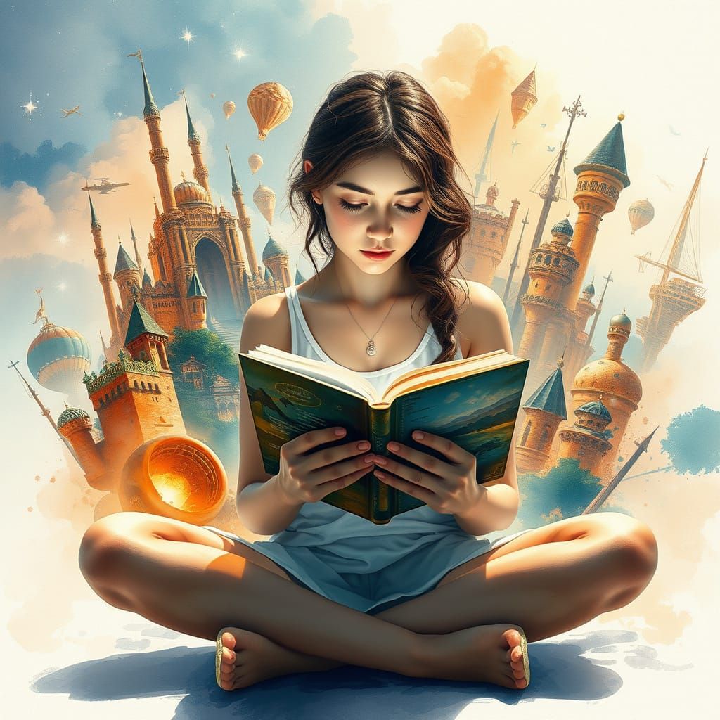 Dreamscape Book Portal in Watercolor Digital Fusion