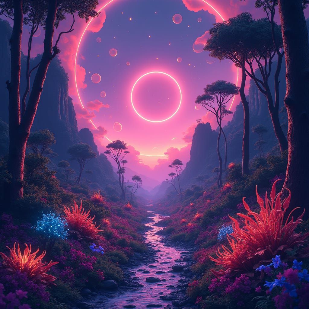 Radiant Alien Forest with Luminous Rings in Neon Style