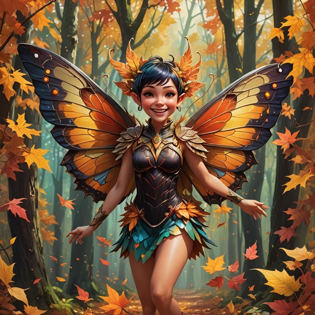 Colorful Pixie with Moth Wings in Autumn Forest