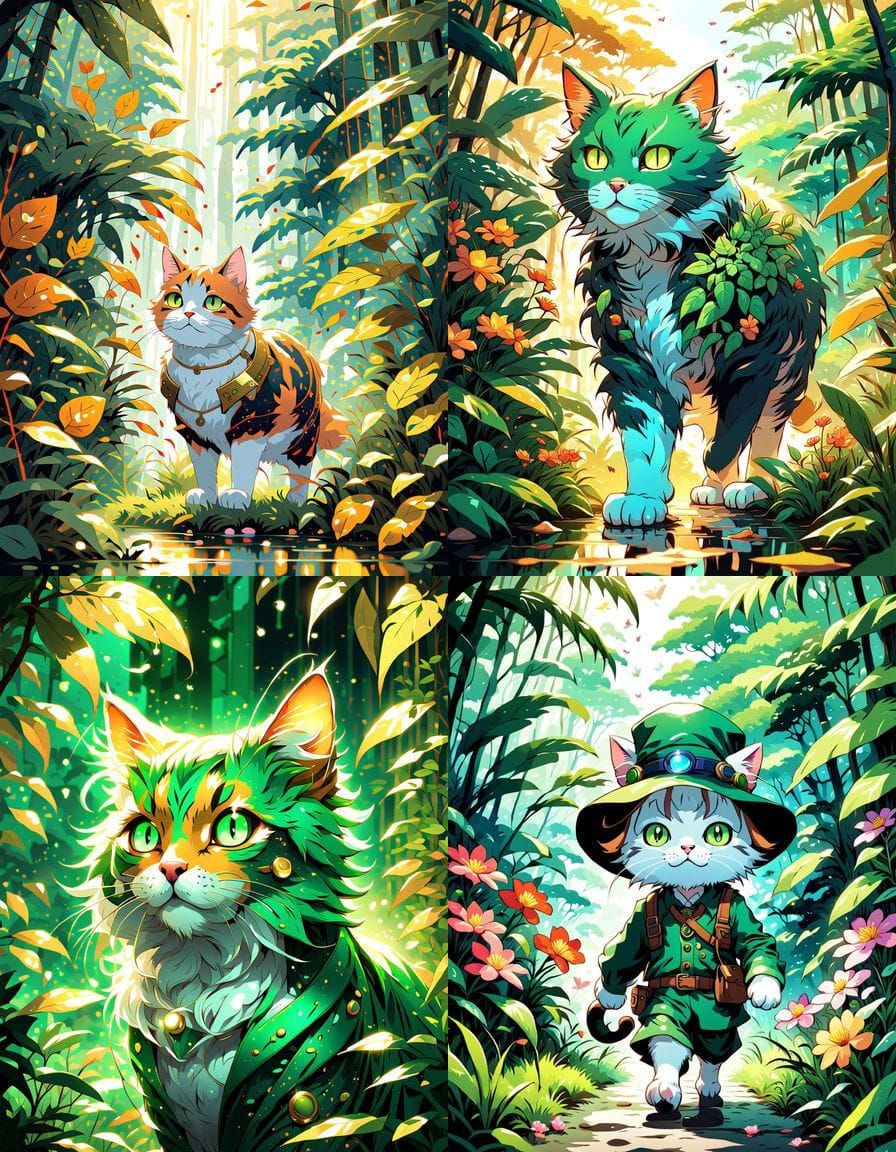 Anime Style Cat Exploring a Lush Jungle