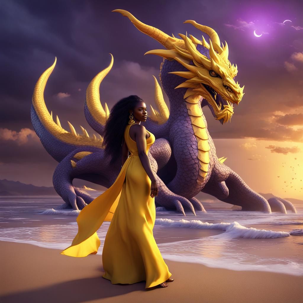 Nigerian Woman and Dragon in Desert Sunrise, 3D Render