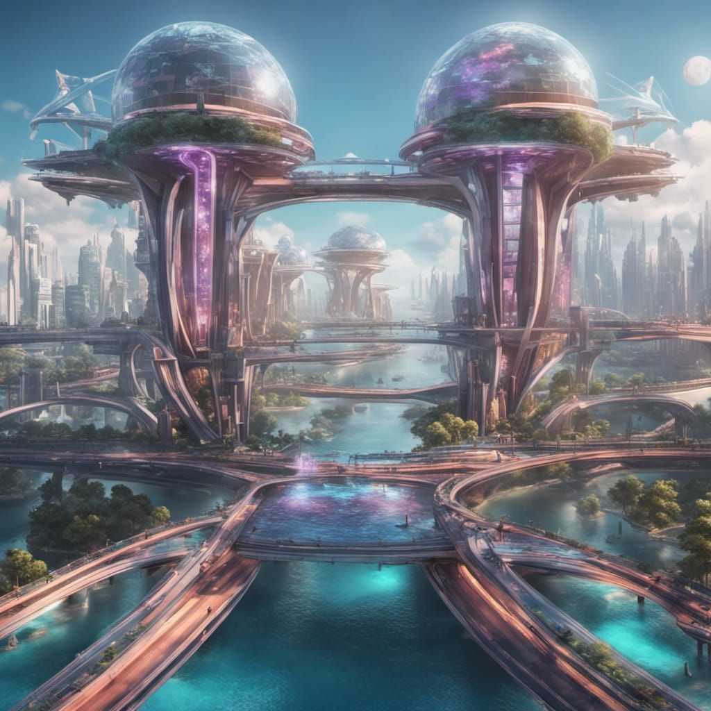 Alien, futuristic, sci-fi buildings with bridges linking to other areas.
