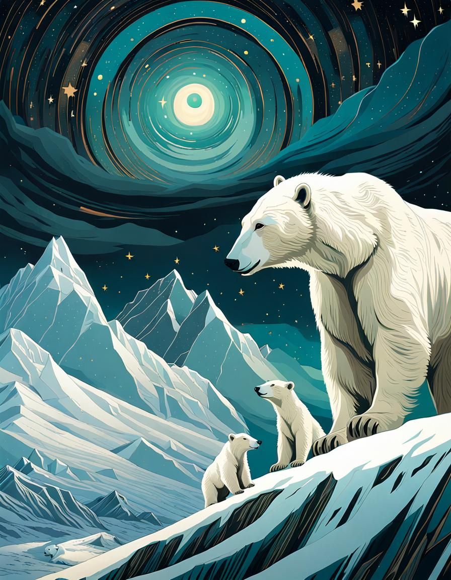Polar Bear Family Under Aurora Borealis