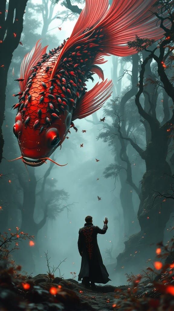 Surreal Cyborg Koi Fish Glides Through Futuristic Nano-Infus...