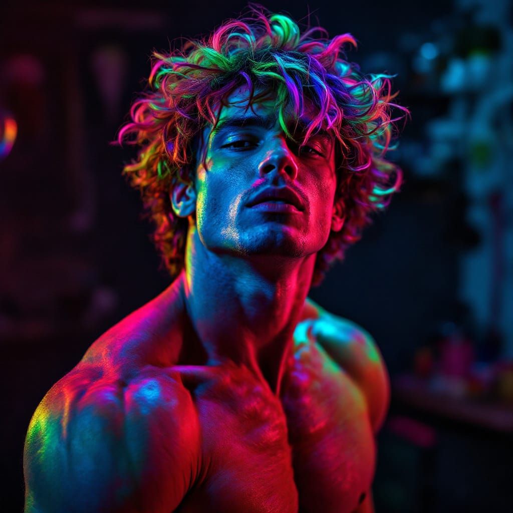 Muscular Man with Rainbow Skin and Hair in Vibrant Room