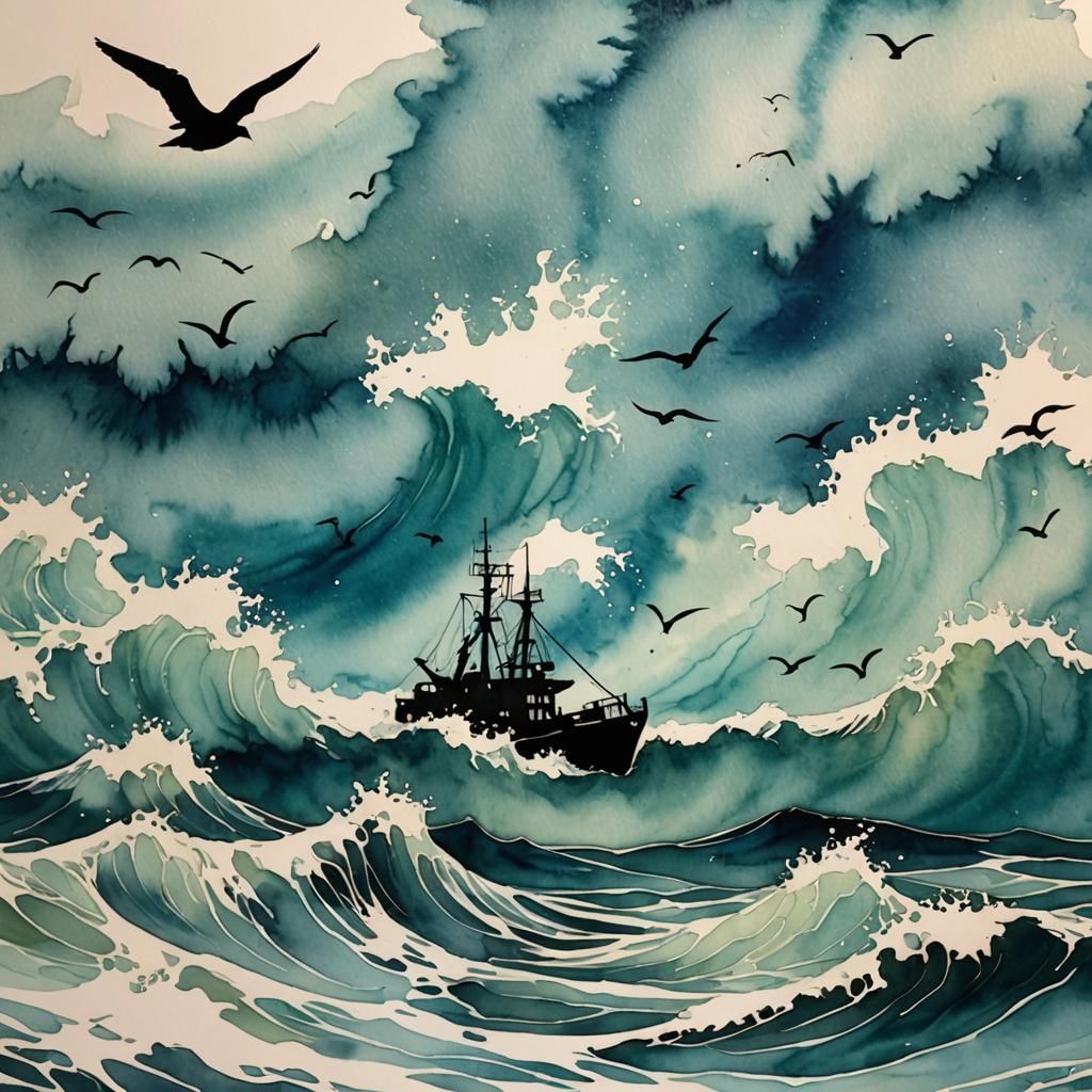 Ocean Wave Silhouette with Trawler, Alcohol Ink Style