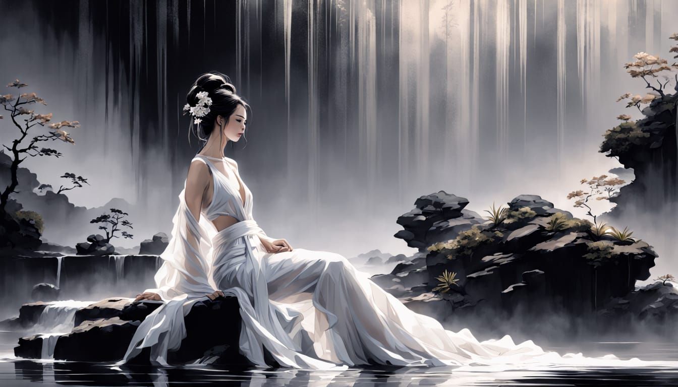 Traditional Japanese Sumi-e Ink Painting of a Blushing Geish...