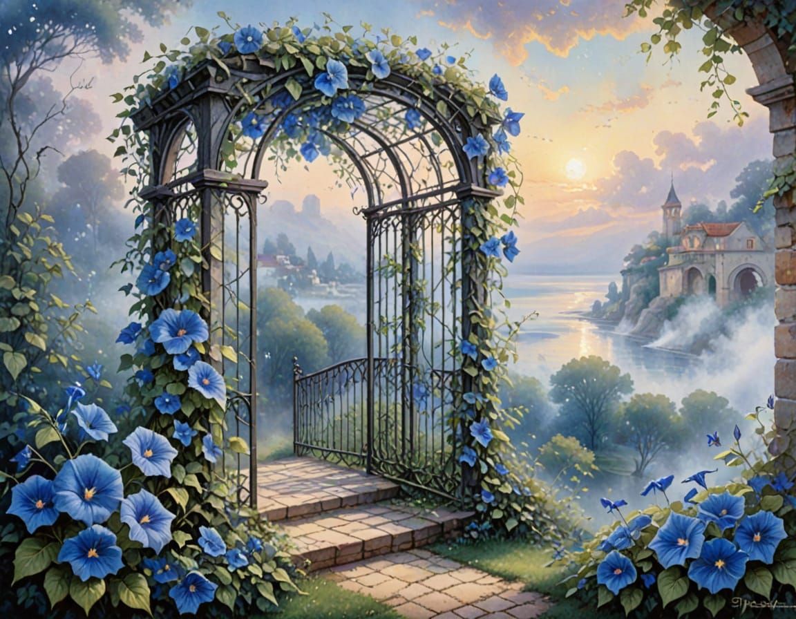 Blue Morning Glories on Trellis: Watercolor Painting