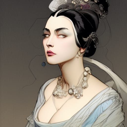 Victorian Bride with White Hair as Ink Art