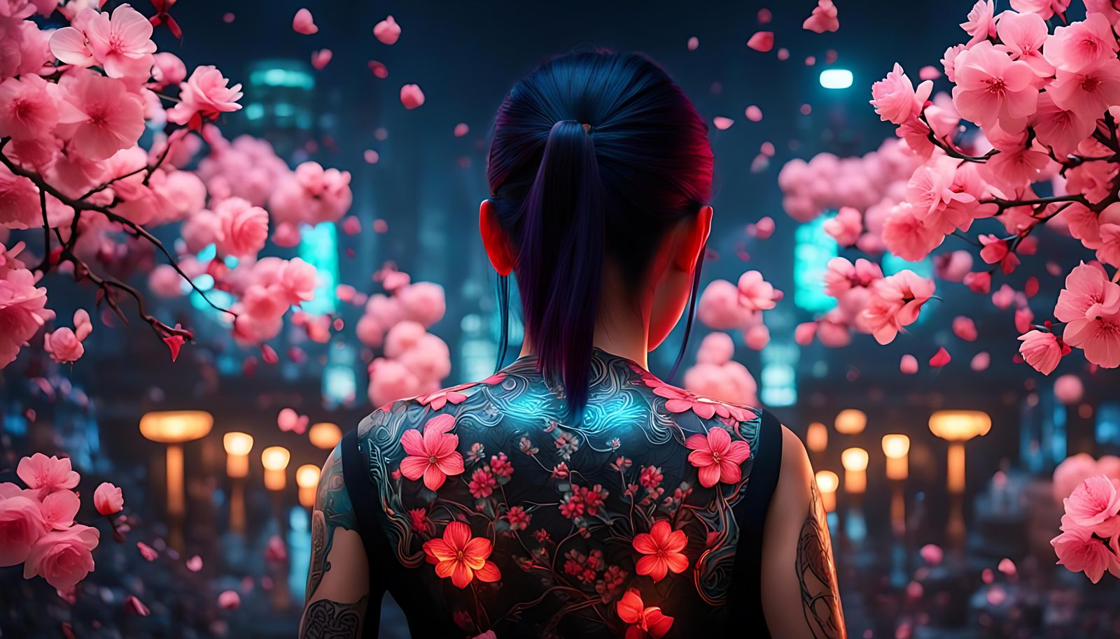 Glowing Blossom Tattoo in Cyberpunk Style