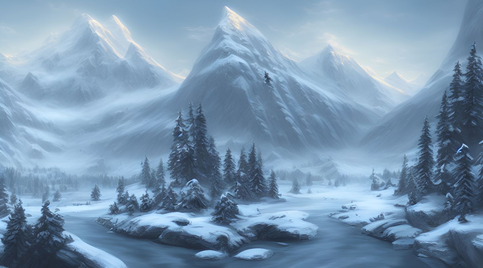 Snowy Mountain Landscape in Matte Painting Style