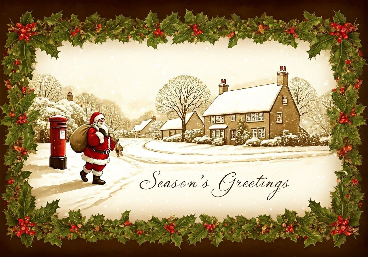 Vintage Postcard Style Snow Village Scene with Santa Claus