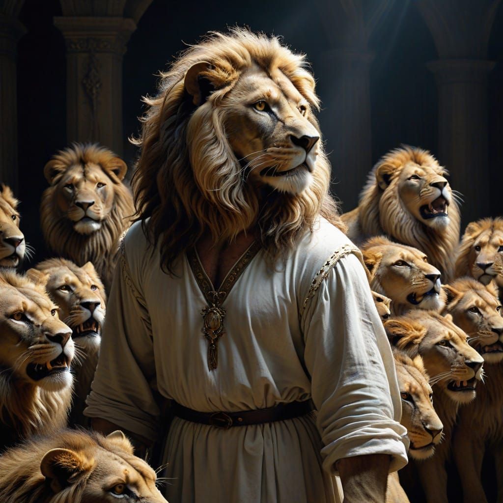 Devout Man Surrounded by Majestic Lions in Dramatic Biblical...
