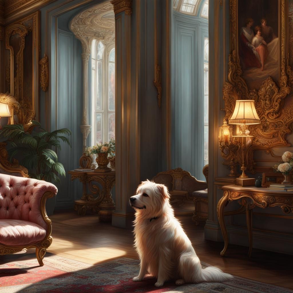 Dog Waiting in Rococo Living Room, Hyperdetailed