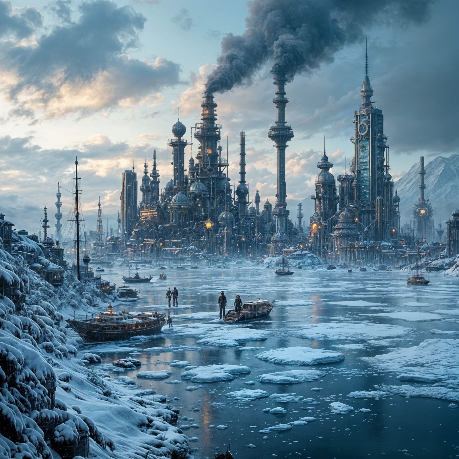 Steampunk Cityscape in Maximalist Icepunk Style