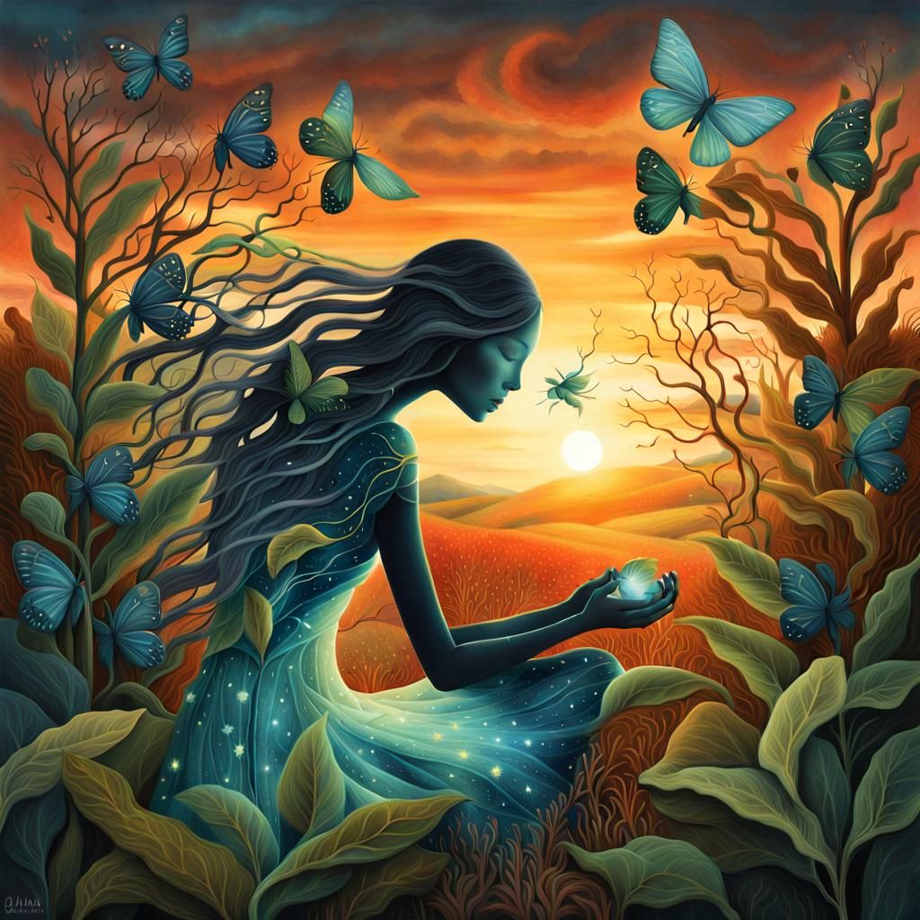 Glowing Bio Art Collage of Woman with Plant Hopper