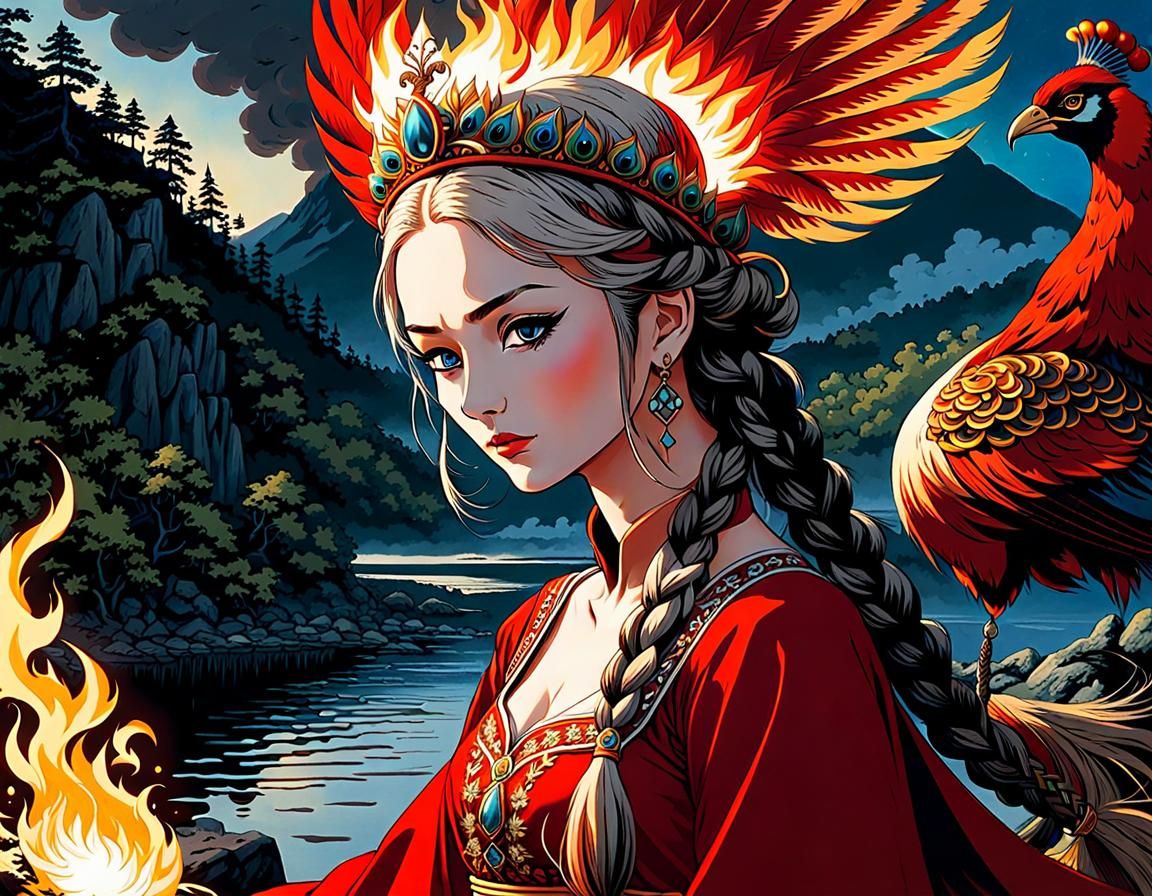 Slavic Princess Summons Fire Spirit in Manga Style