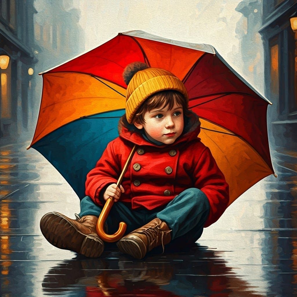 Young Boy Finds Shelter in an Oversized Gouache Umbrella