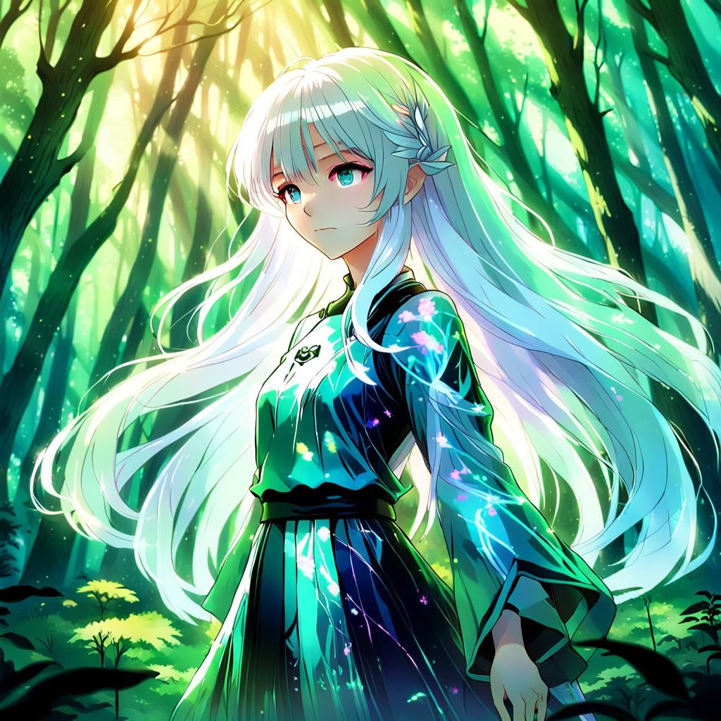 Anime Woman in Mystical Forest with Holographic Highlights