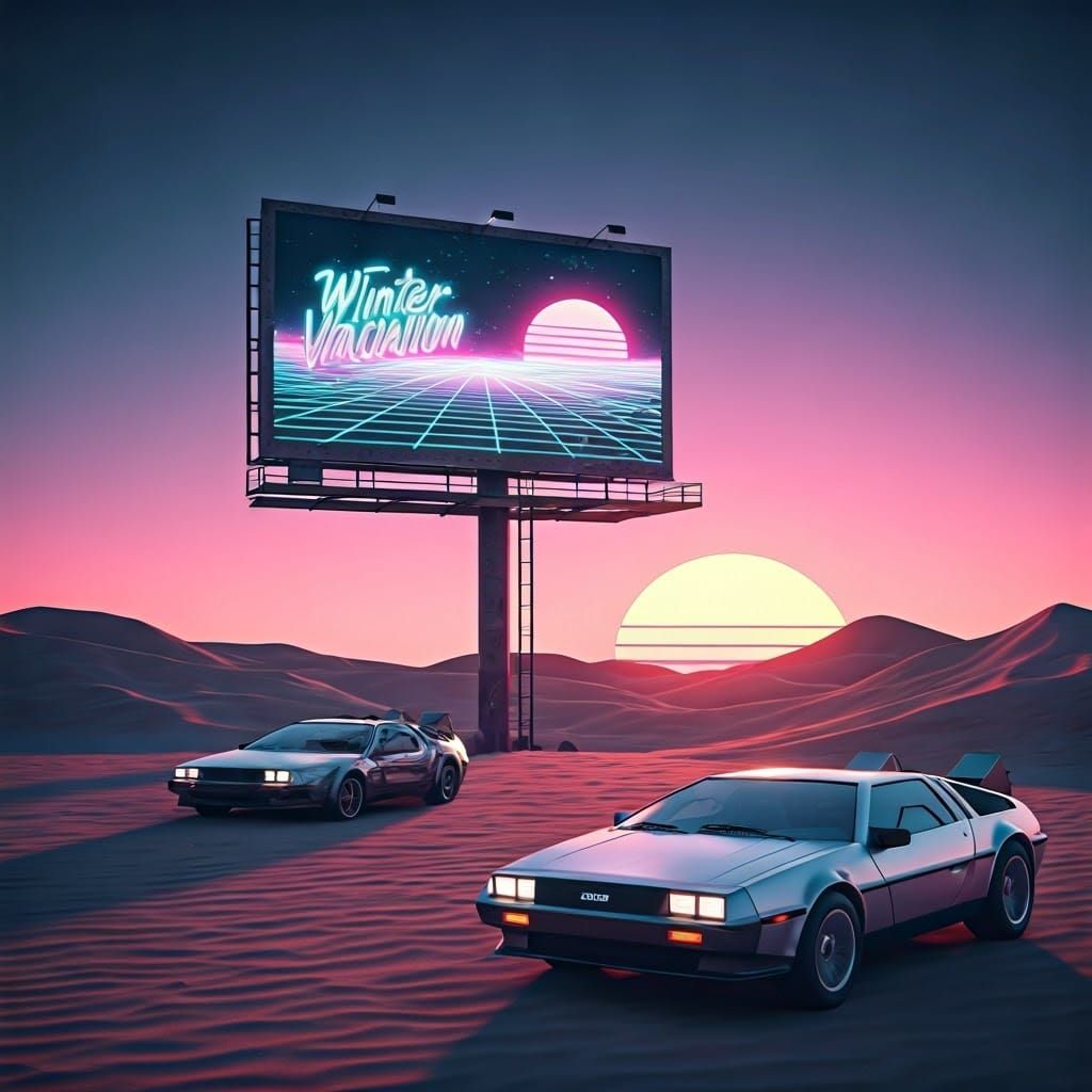 Retro-Futuristic Desert Billboard Under Synthwave Sunset