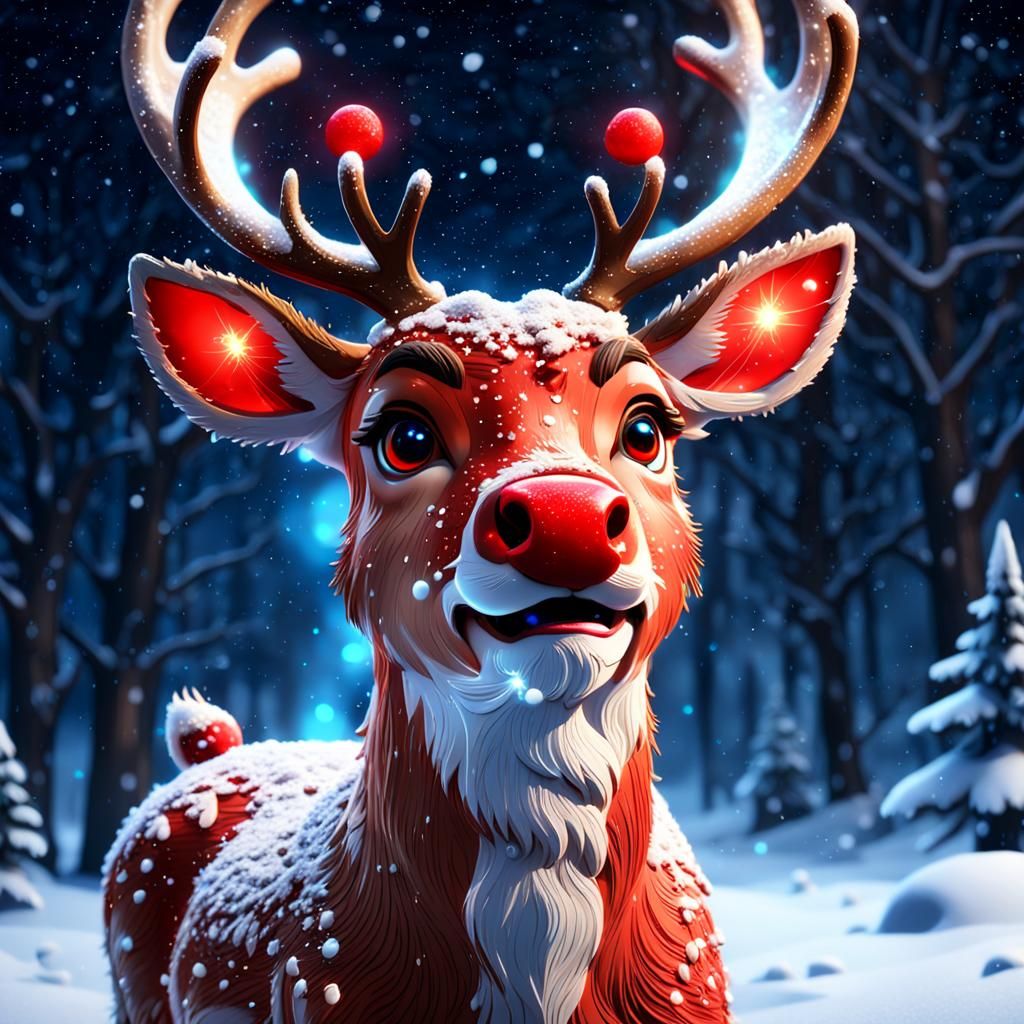Rudolph's Red Nose Illuminates a Snowy Night