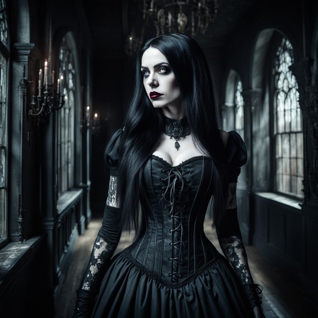 Gothic Woman in Black Dress at Haunted House