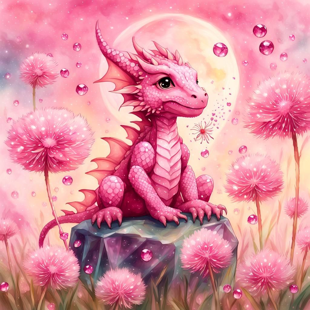cute Pink anthropomorphic Pink baby dragon-girl blowing, making a wish on a hot pink Dandelion, sitting in a field of...