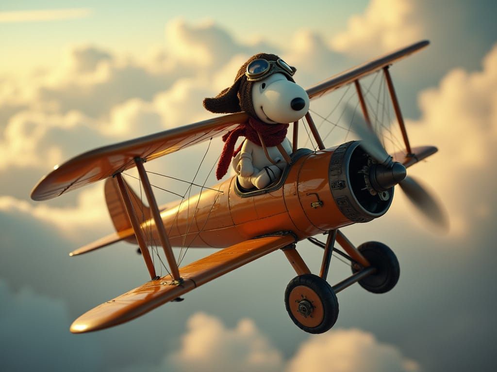 Snoopy as a WWI pilot flying through the clouds in his Curtiss Jenny!