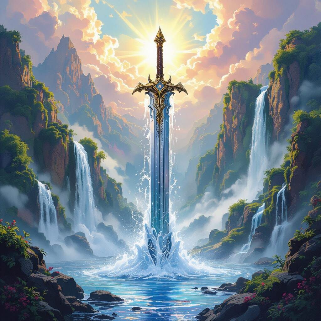Excalibur Fountain in Lush Valley: Hyperrealistic Illustrati...