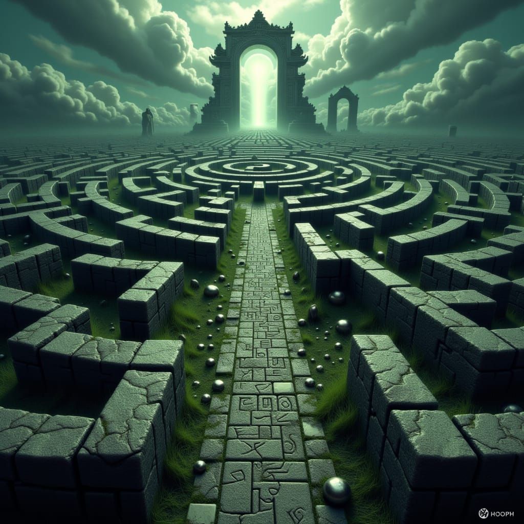 Ancient Labyrinth Under Cloudy Sky in Dark Fantasy Style