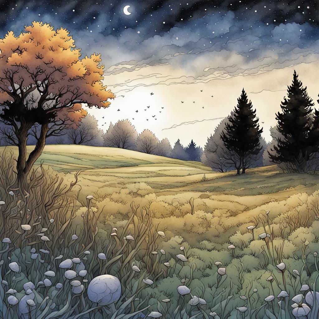 Serene October Meadow Under Night Sky Illustration