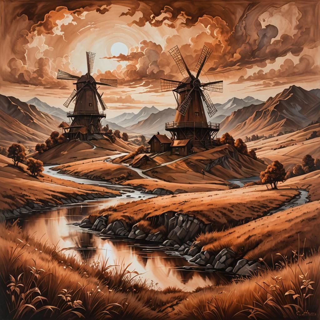 Copper Steampunk Windmill in Romantic Landscape