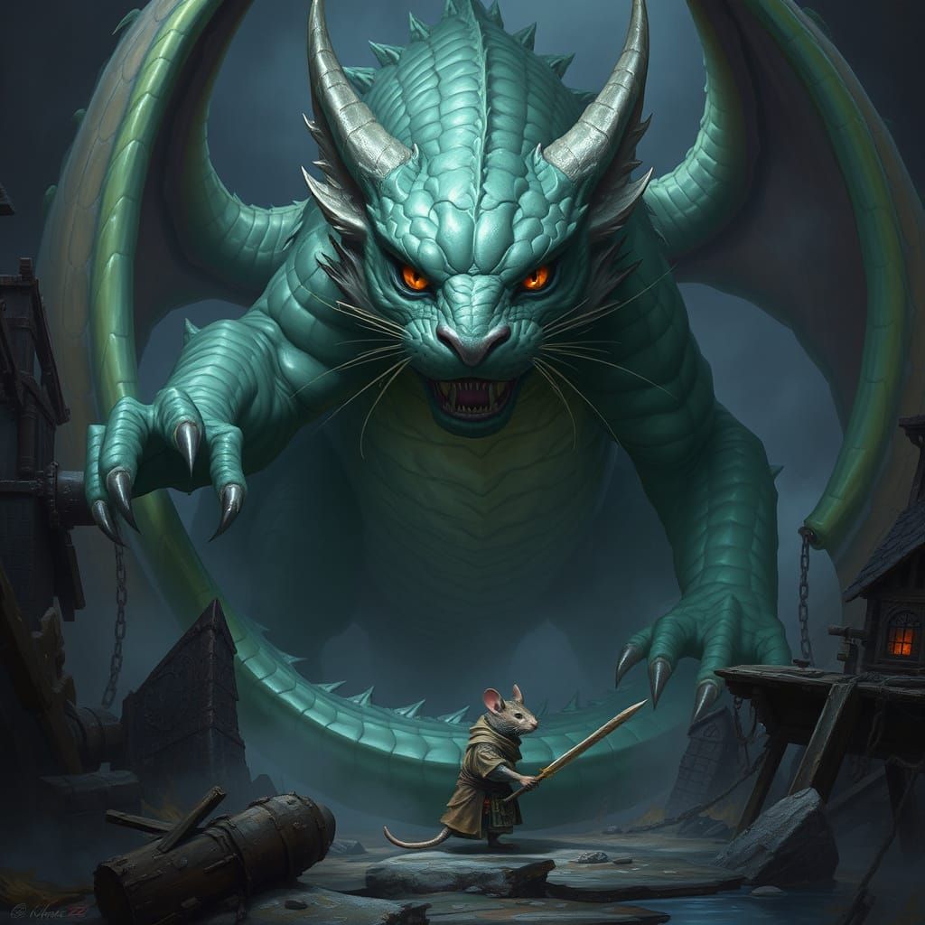 Feline Dragon Confronts Rat Person in Mystical Realm