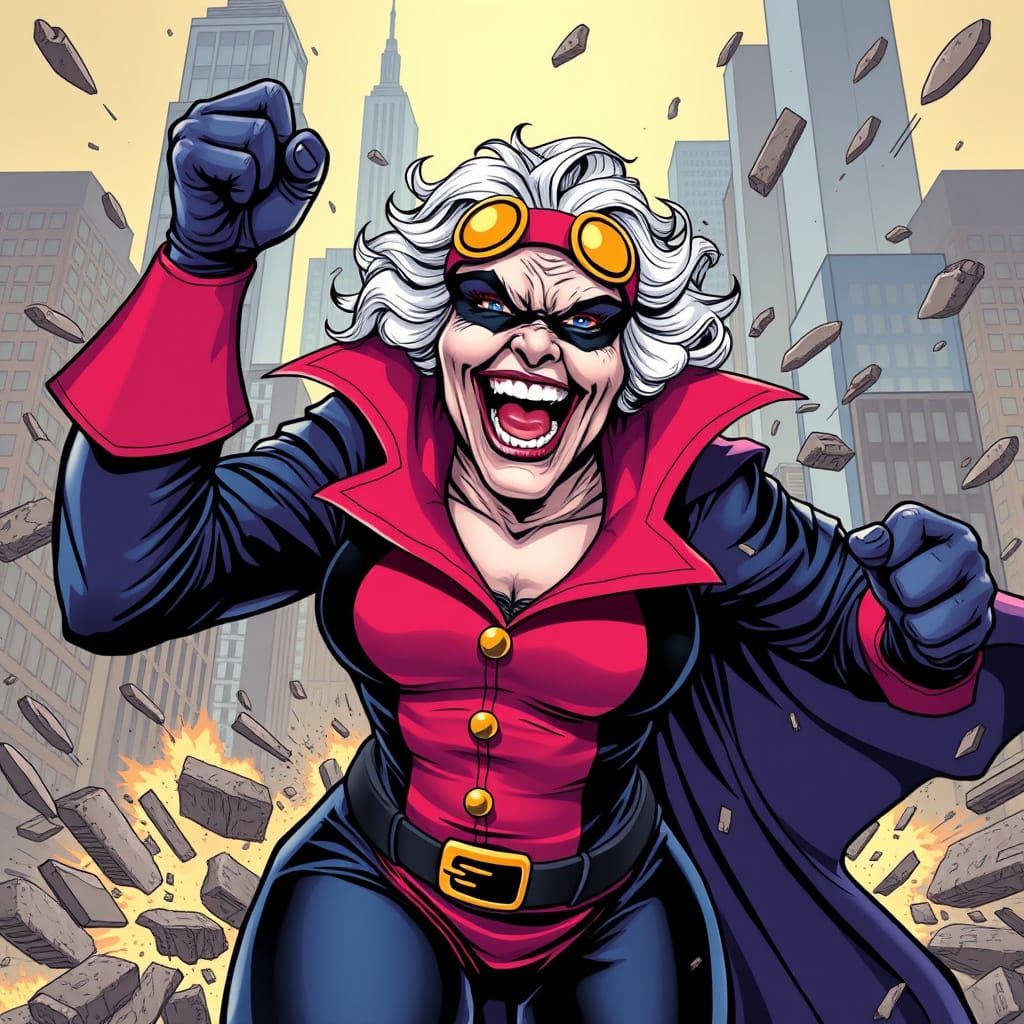 Supervillain Granny Laughs in Comic Book Art Style