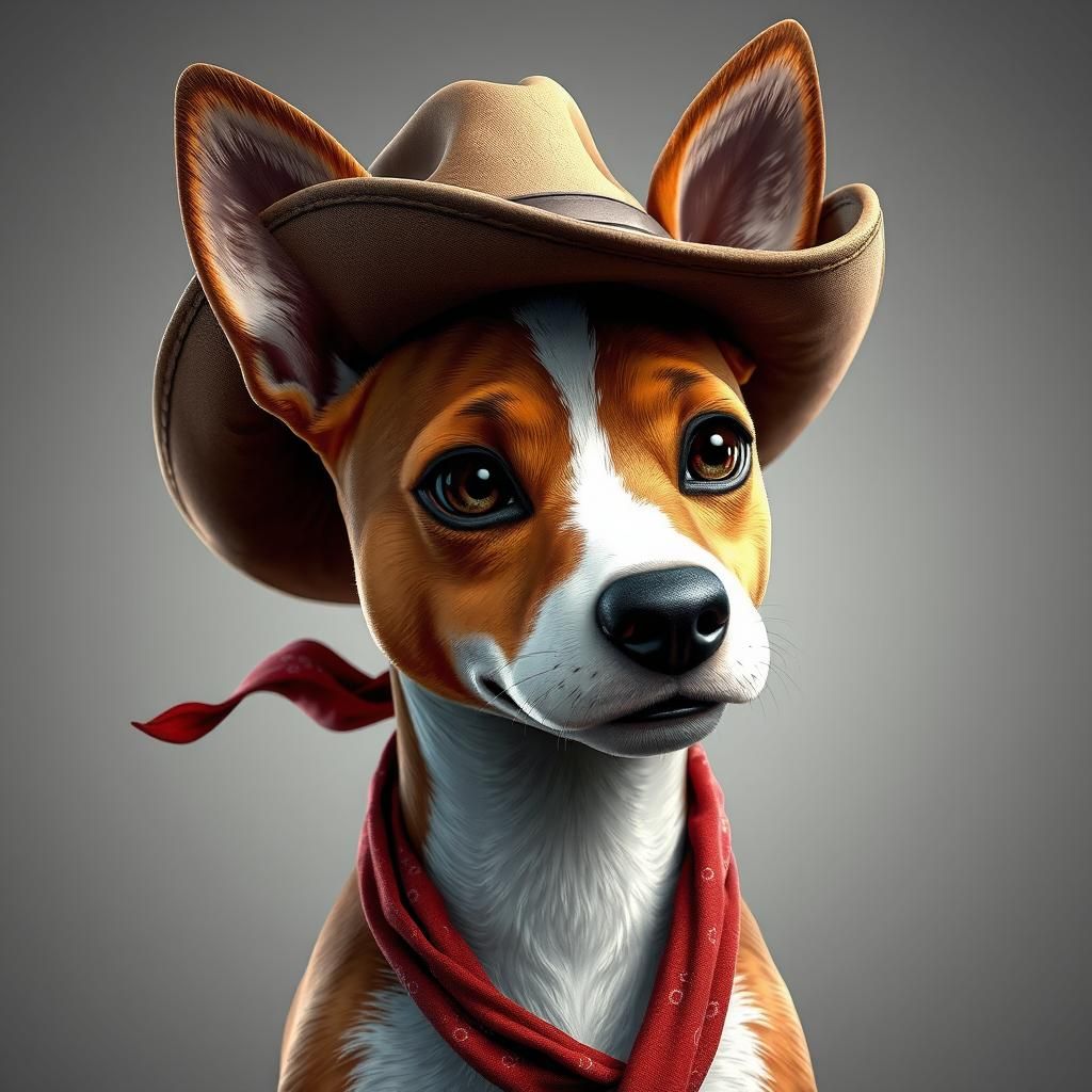 A Jack Russell Dog in a rugged cowboy hat, with a bandana ar...