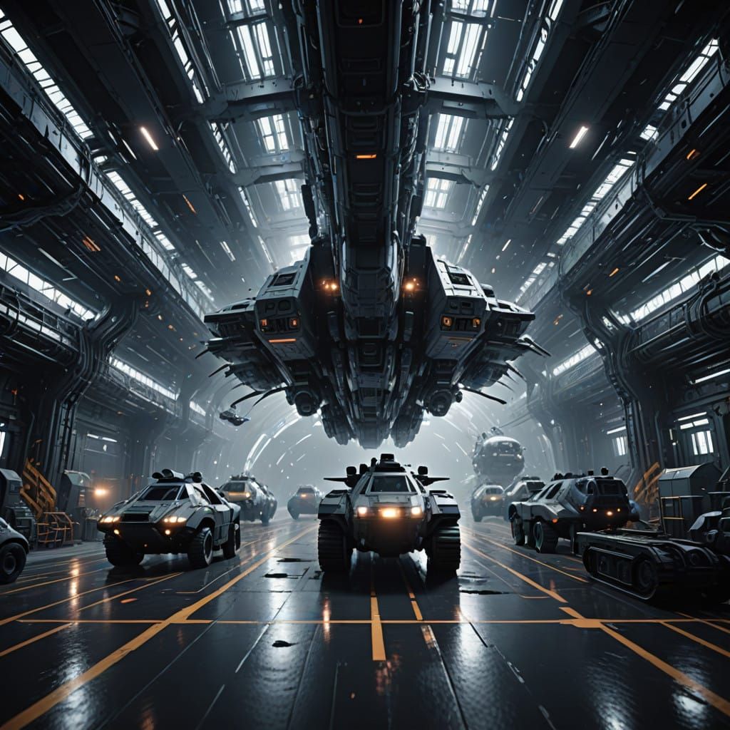 Surreal Futuristic Space Navy in Dockyard Monochromatic Hype...