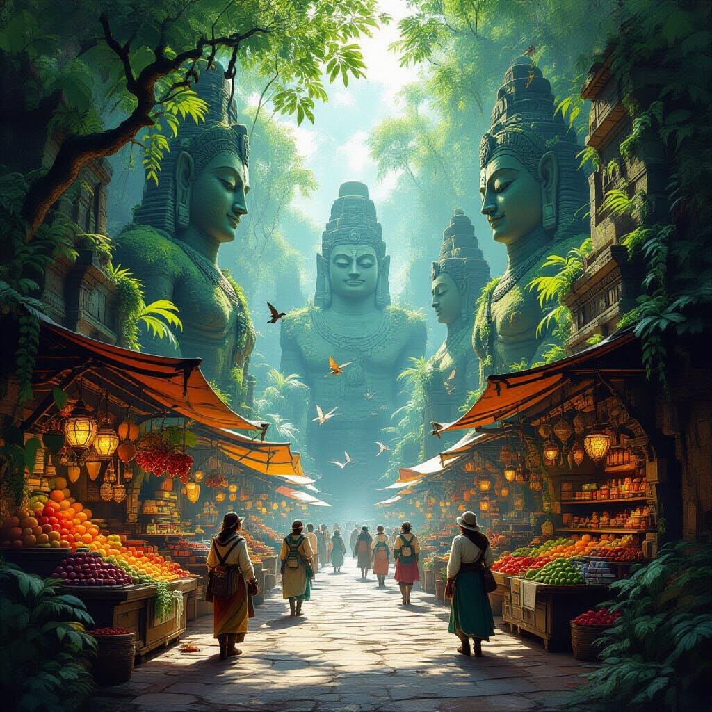 Jungle City Marketplace with Exotic Goods and Statues