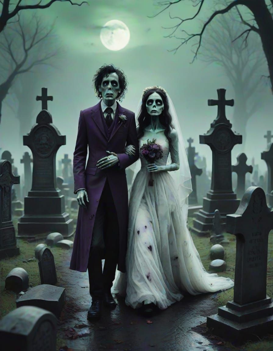 Zombie Ghosts Wedding in Cemetery, Tim Burton Style