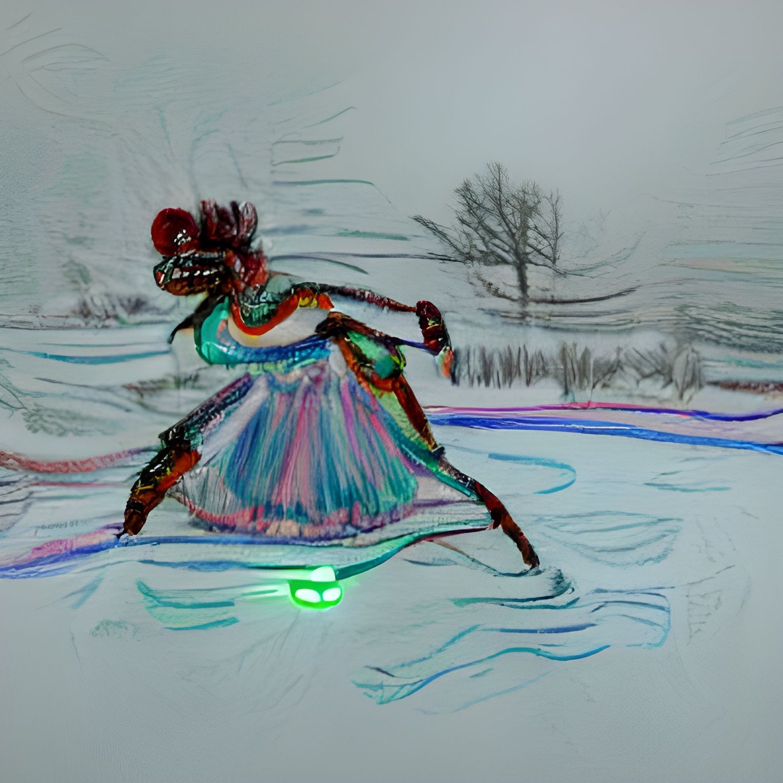 Figure Skater Dances with Glowing Figure in Blizzard