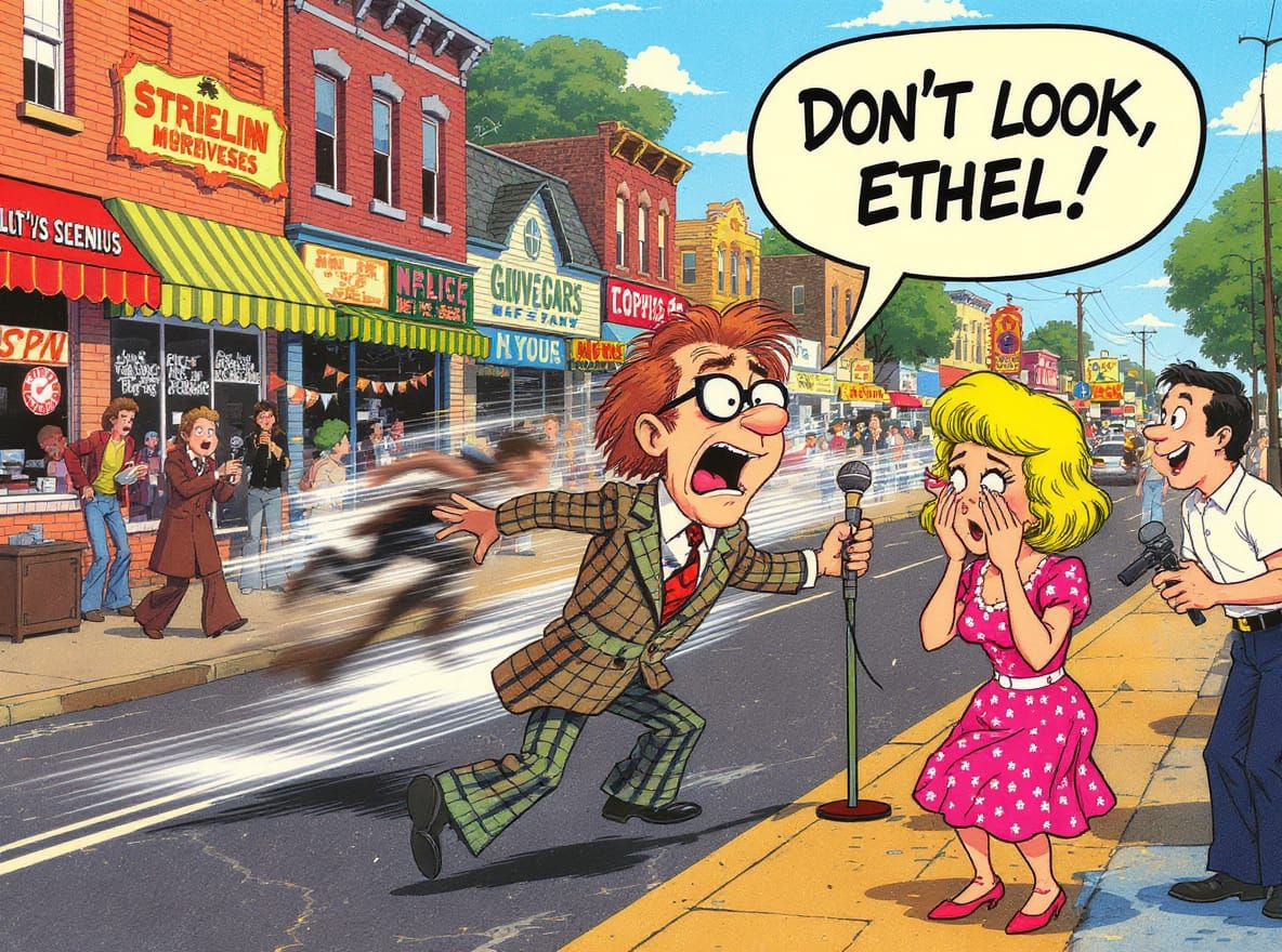 Retro 70s Street Streaker Scene in Cartoon Style